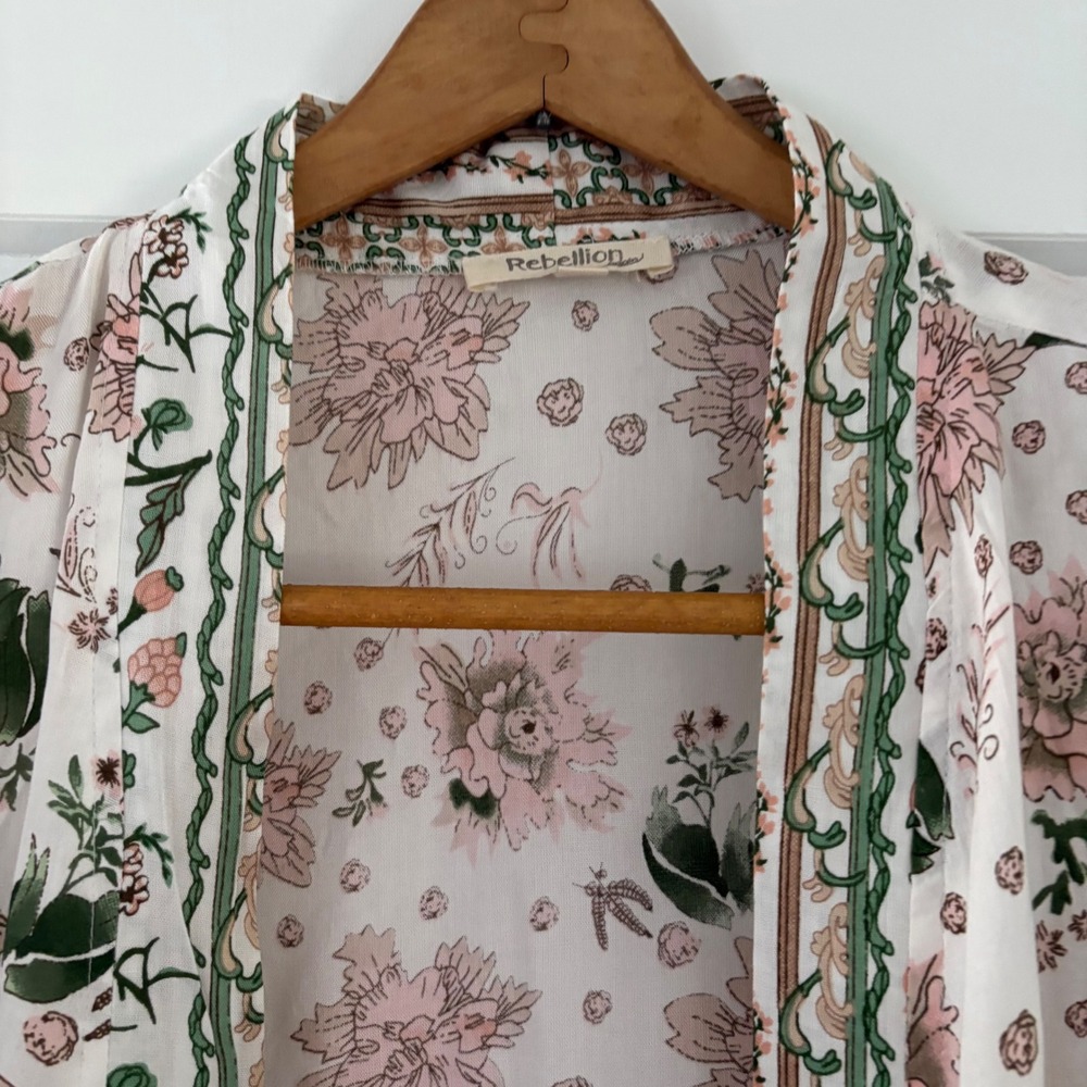 Rebellion Floral Kimono Duster Cardigan Pink Green Long Sleeve Open Front L - Picture 3 of 12